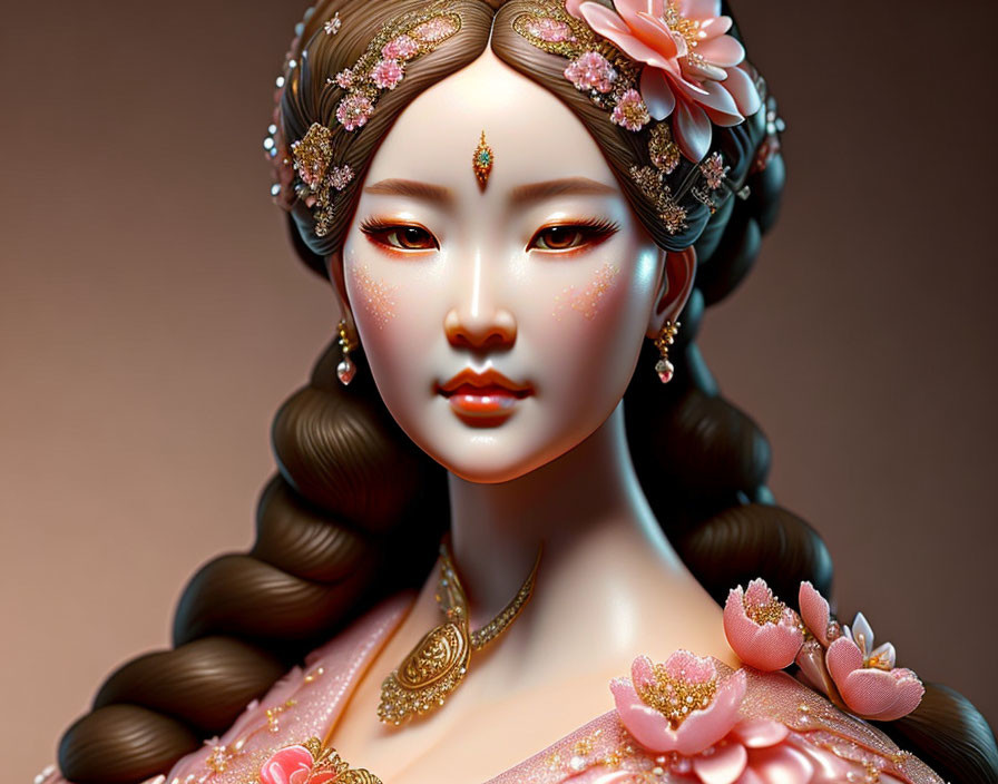 Detailed digital artwork of a woman with intricate jewelry and floral adornments in warm hues and soft lighting