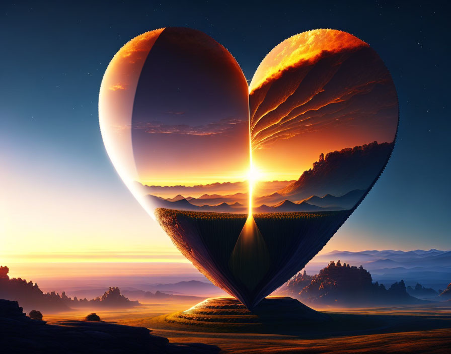 Surreal heart-shaped landscape at sunset with fiery sky and calm sea