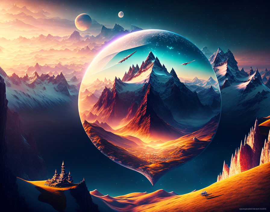 Fantastical landscape with celestial orbs, snow-capped mountains, sunset, and castle