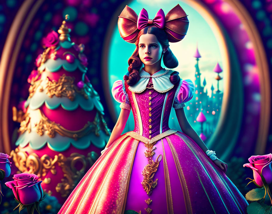 Colorful artwork featuring young woman in ornate gown and bow, set against whimsical backdrop.