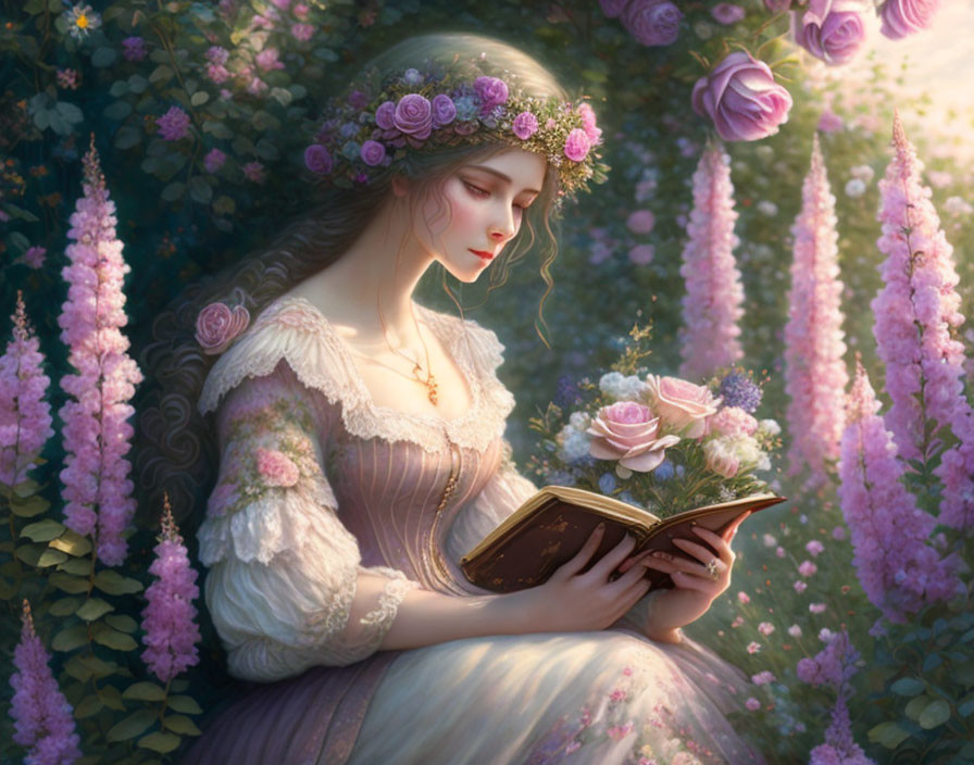 Woman in floral crown and period dress reading book in rose garden