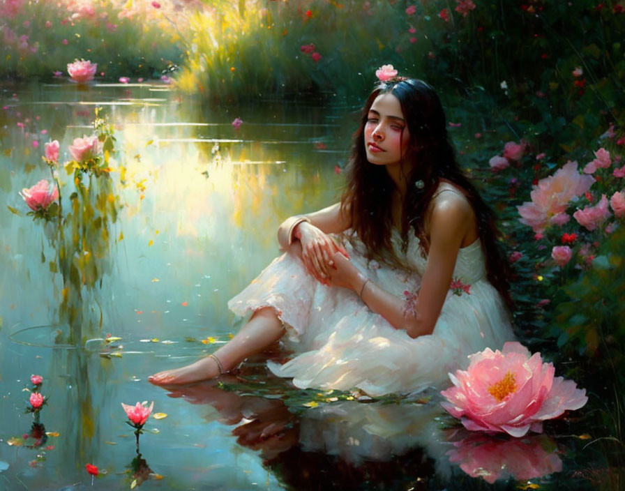 Woman in White Reflects in Tranquil Pond Amid Flowers