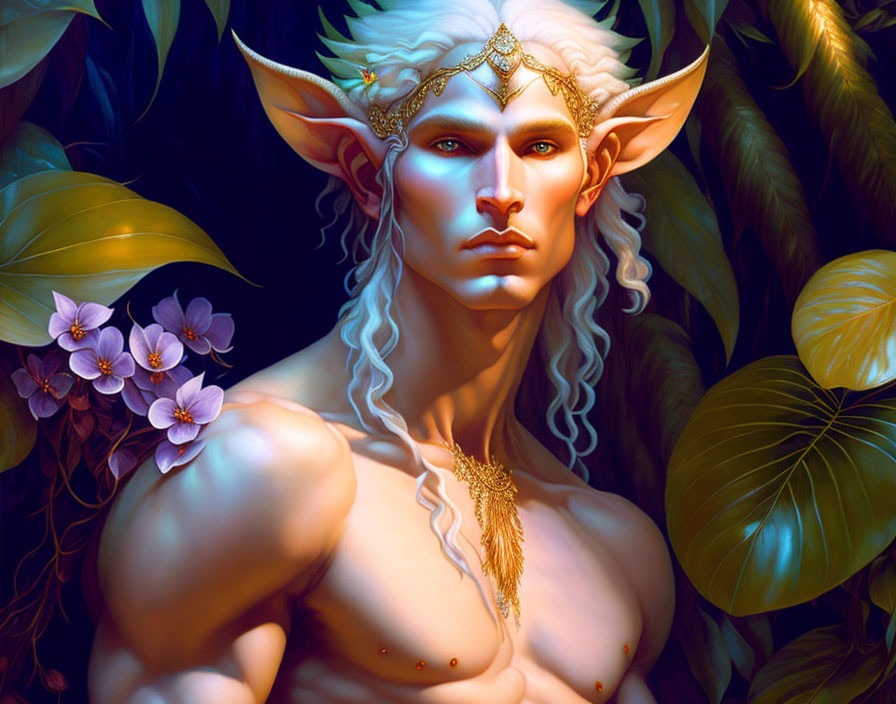 Pointed Eared Elf in Golden Jewelry Surrounded by Greenery and Purple Flowers