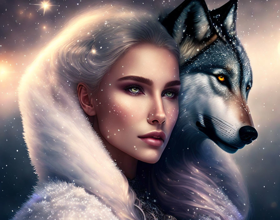 Digital Artwork: Woman with Green-Eyed Wolf in Starry Night Scene