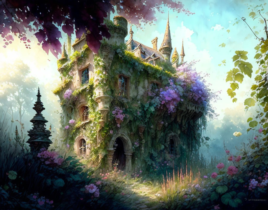 Overgrown Mansion Surrounded by Foliage and Flowers