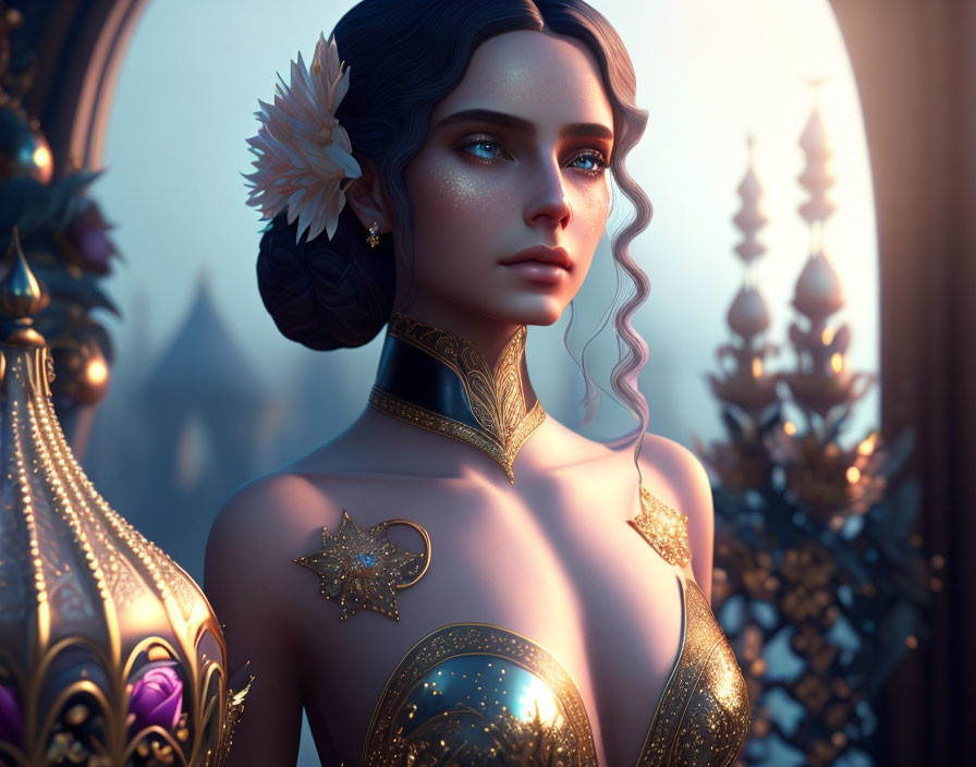 3D Rendered Image: Woman with Blue Eyes & Gold Body Jewelry in Fantasy Backdrop