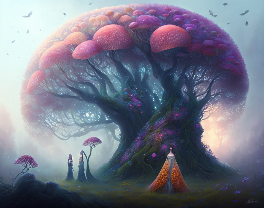 Fantastical landscape with pink mushroom-like tree, mist, smaller mushrooms, and robed figures