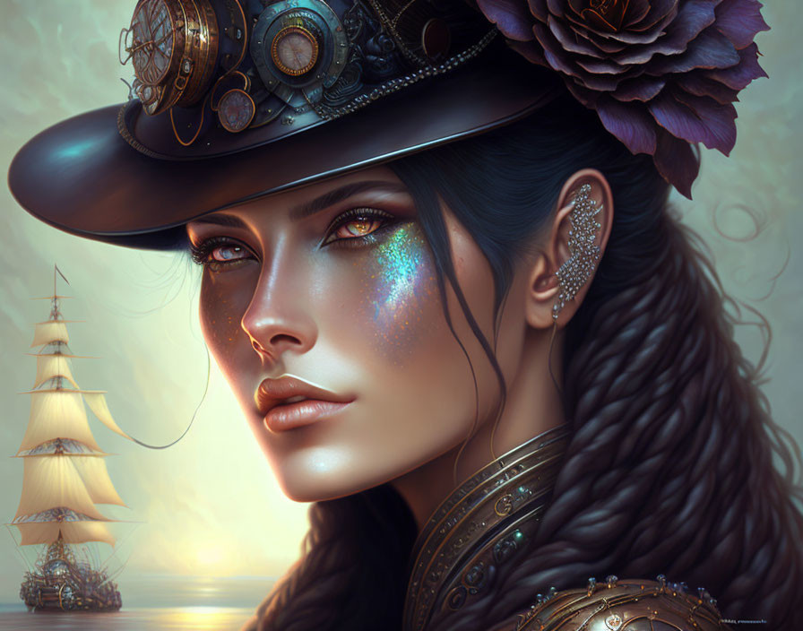 Digital artwork of woman with steampunk accessories and ship in sunset