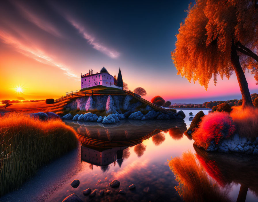 Scenic sunset over calm lake with house on island