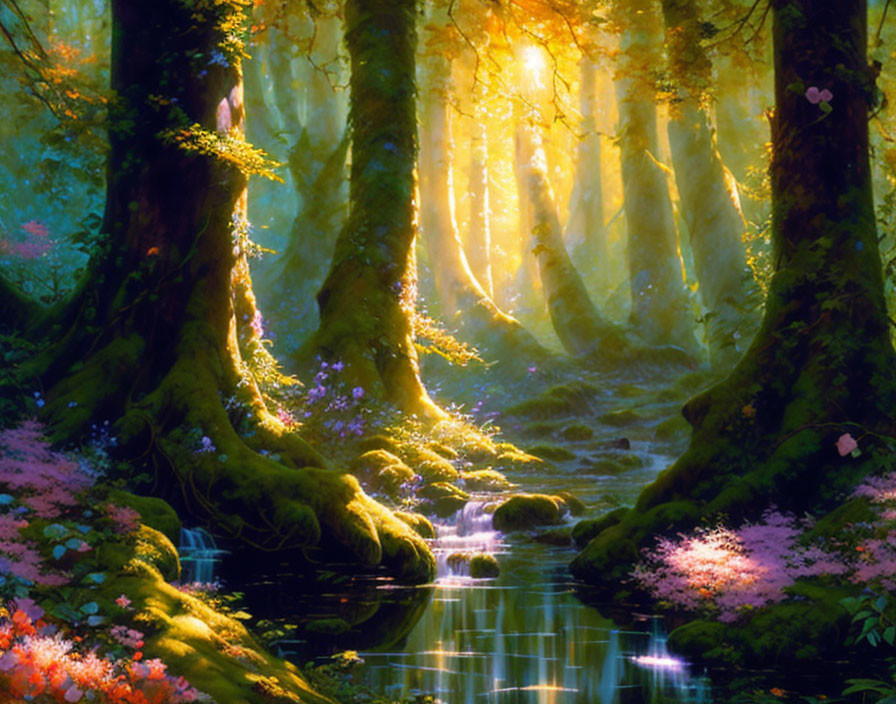 Lush forest scene with sunlight, pink flowers, mossy trunks, and reflective stream