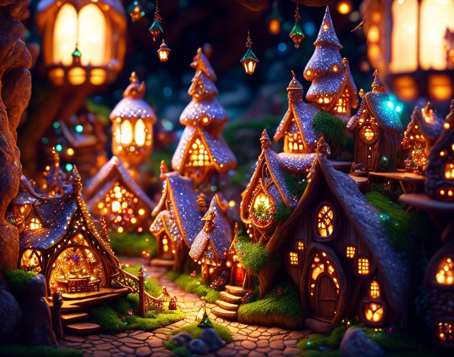 Enchanting twilight scene of miniature fairy tale village