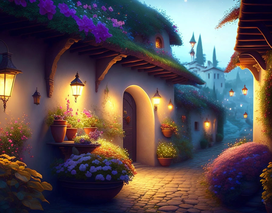 Twilight cobblestone street with quaint houses, lanterns, and lush plants