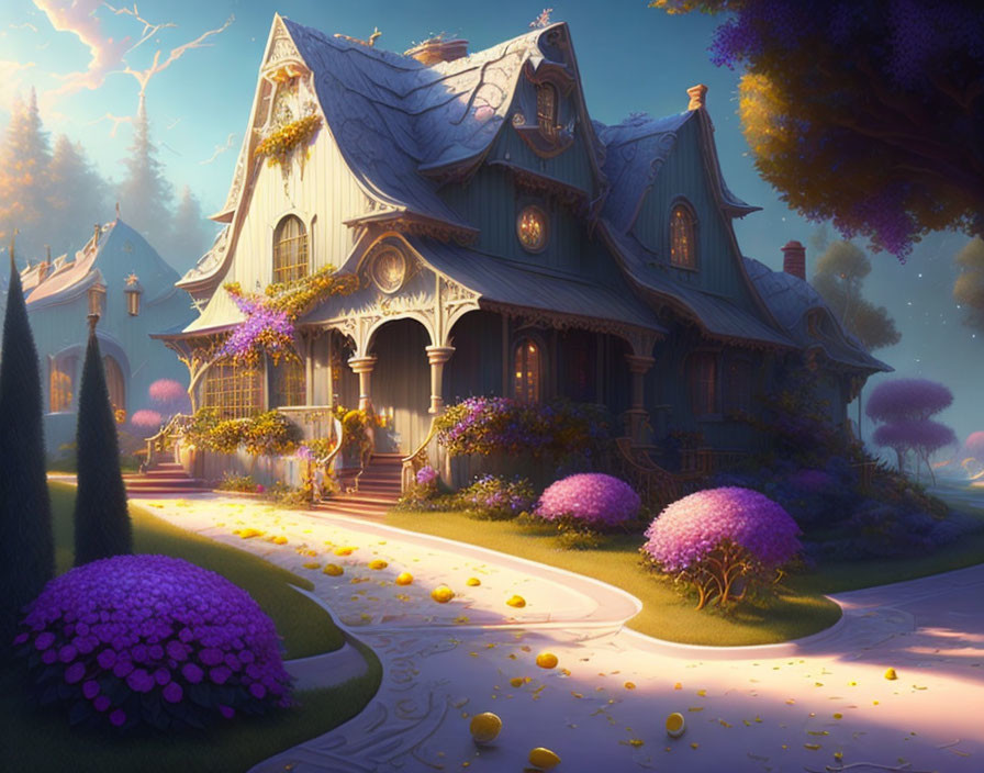 Victorian house with whimsical garden, purple flora, and golden light