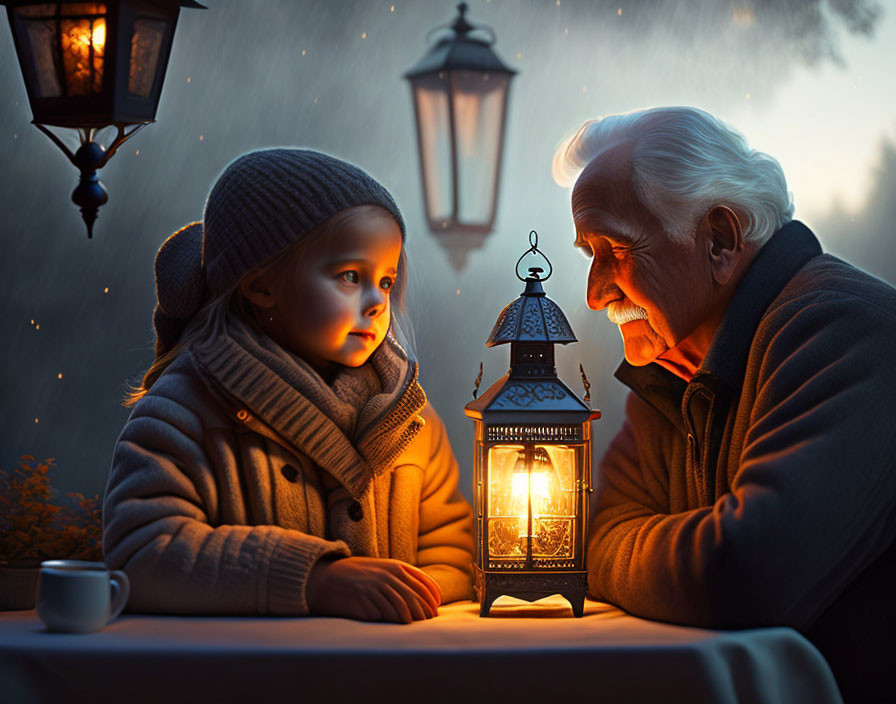 Elderly man and young girl bond by lantern light