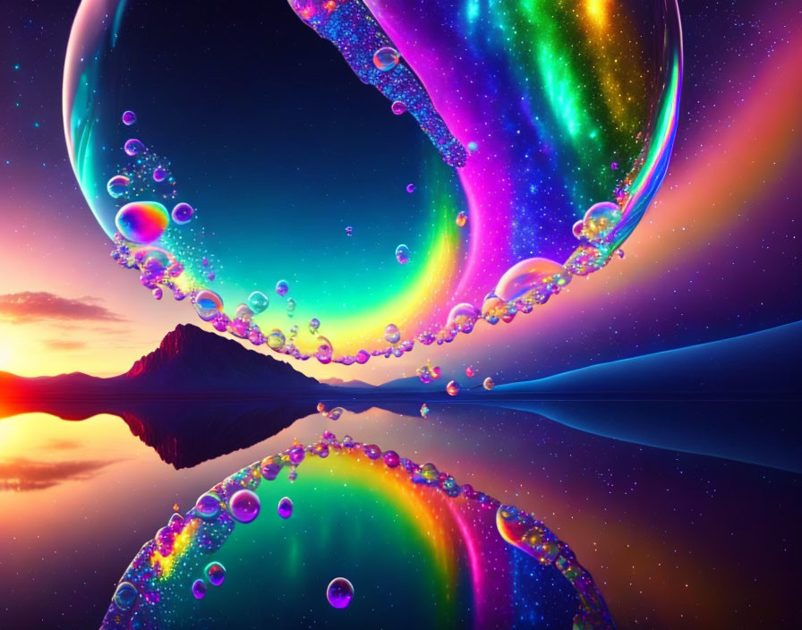 Colorful cosmic bubbles over serene lake at sunrise or sunset