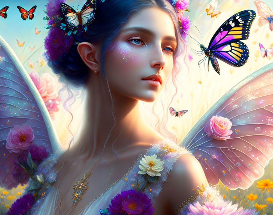 Fantasy illustration of female figure with butterfly wings in floral setting