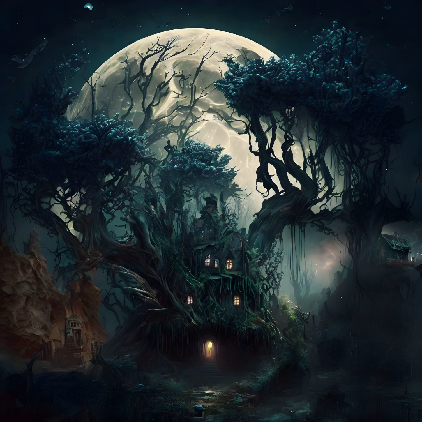 Mysterious house entwined in twisted trees under large moon