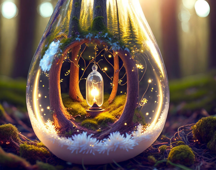 Miniature Woodland Scene in Teardrop Glass Terrarium with Glowing Lantern