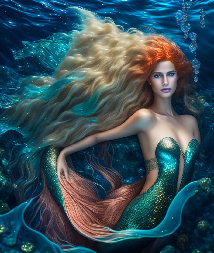 Golden-haired mermaid with green tail in underwater scene