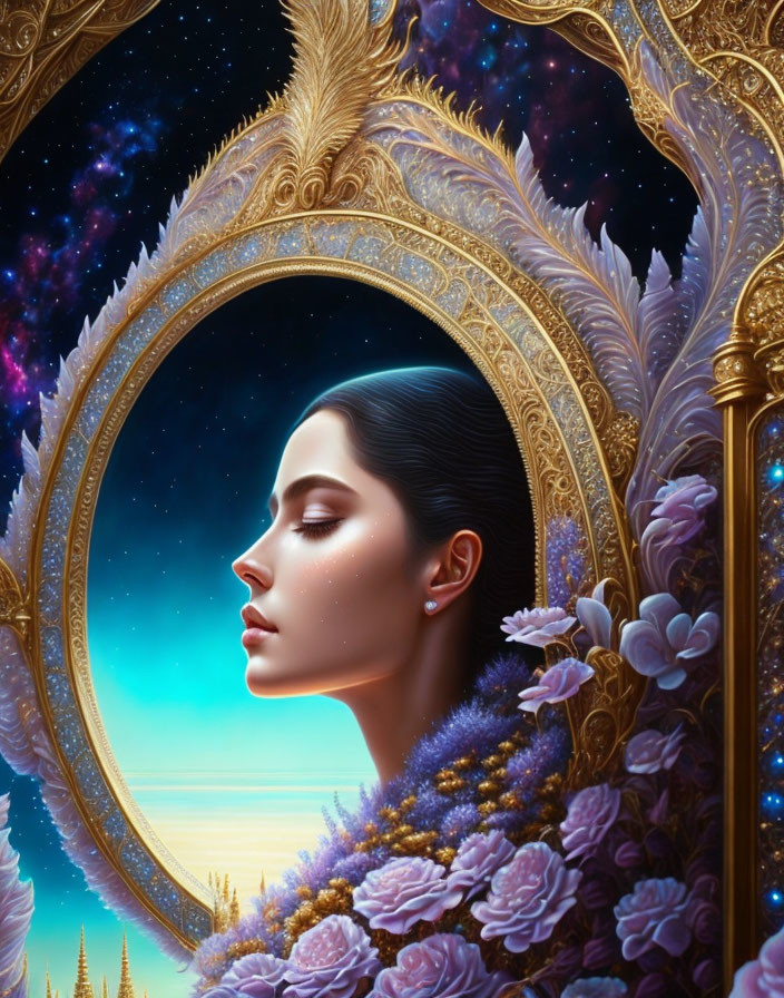 Woman's face in ornate golden mirror with purple flowers against starry sky