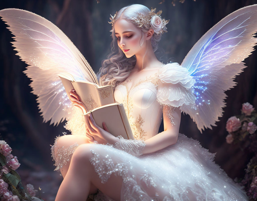 Ethereal figure with butterfly wings reading in mystical flower setting