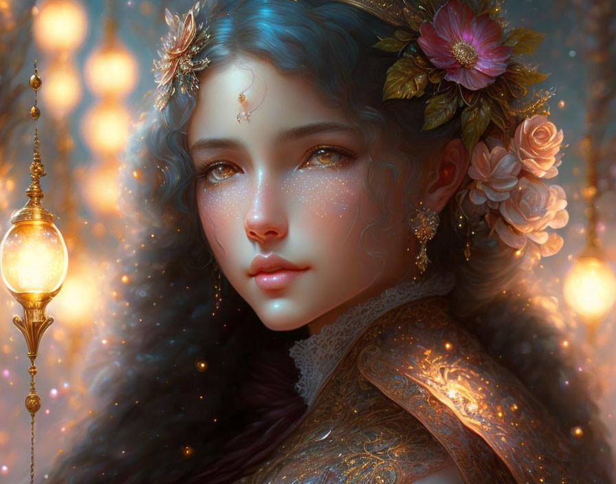 Ethereal digital portrait of a woman with flowers and golden jewelry