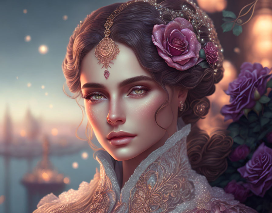 Detailed Woman Portrait with Jewelry, Rose, and Lace Collar