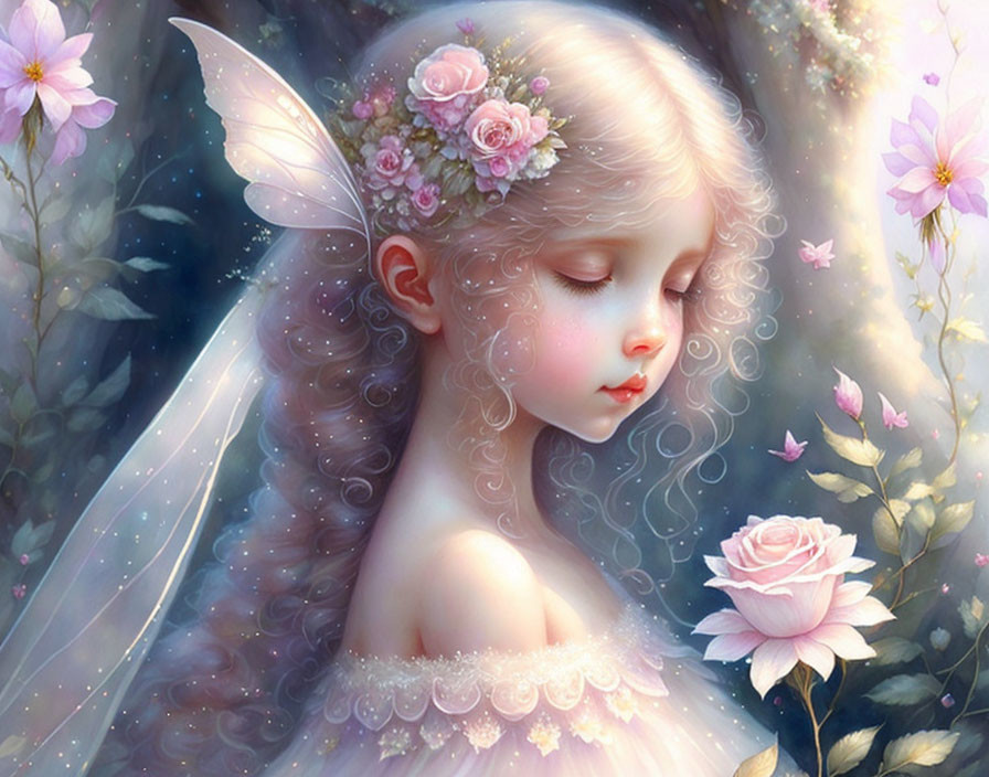 Young fairy with gossamer wings in pink flower setting