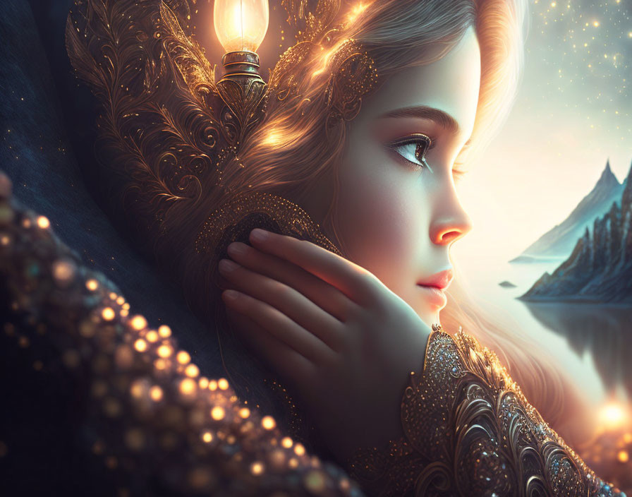 Portrait of woman in golden ornate attire with lantern against mystical mountain backdrop