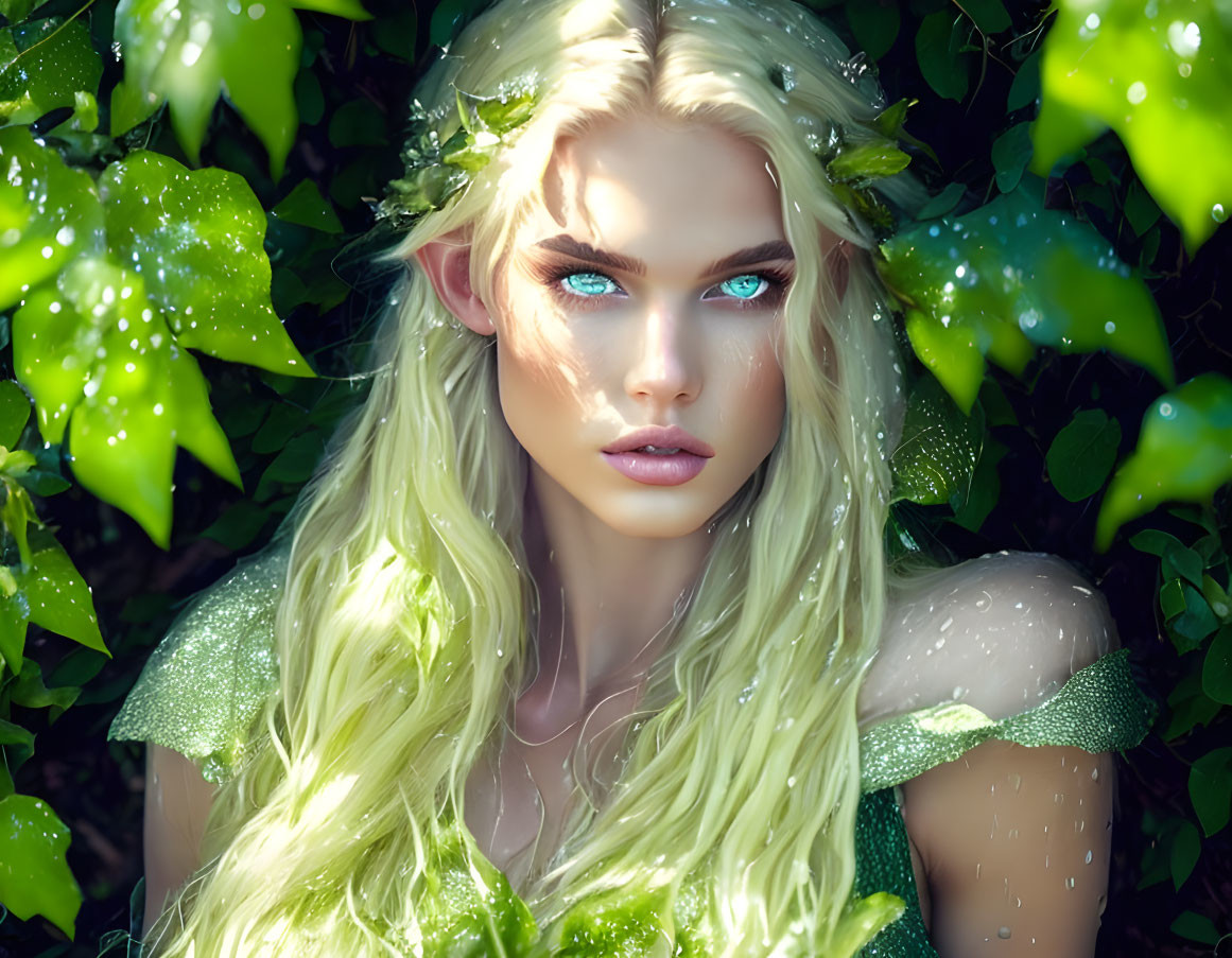 Mystical figure with blue eyes and blond hair in nature setting