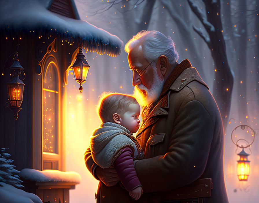 Elderly man cradling sleeping baby in snowy scene