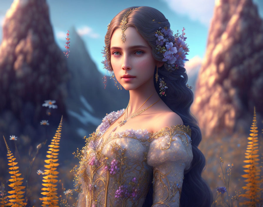 Ethereal figure in golden gown among tranquil meadow at dusk