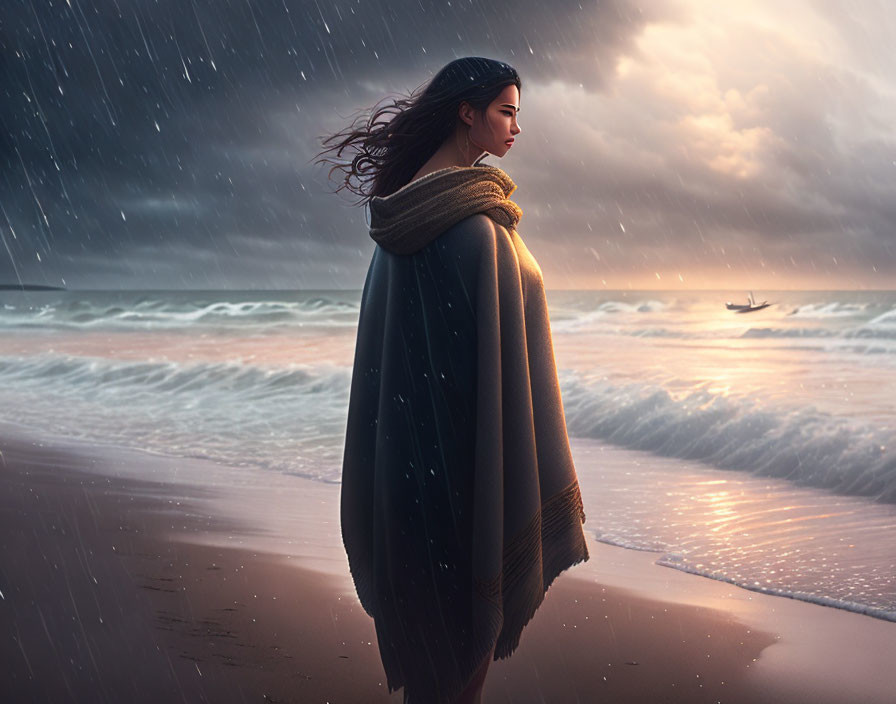 Woman in scarf and coat on beach at sunset with waves, boat, and dramatic sky