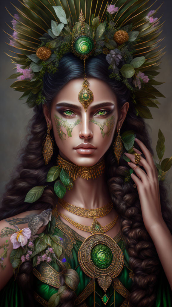 Elaborate Nature-Inspired Female Figure with Regal Makeup