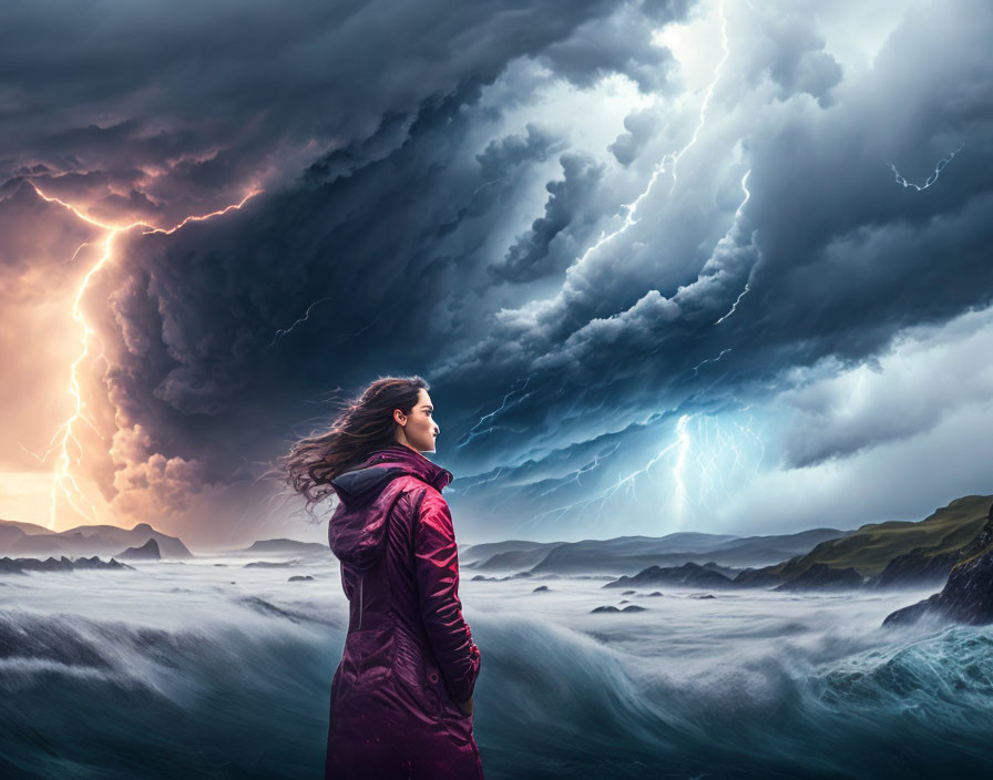 Woman in Red Jacket Stands by Stormy Ocean Sky