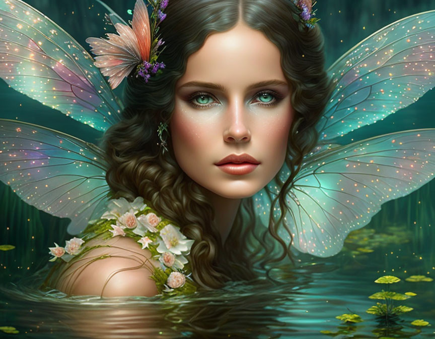 Digital artwork featuring woman with iridescent fairy wings and flowers, surrounded by lily pads.