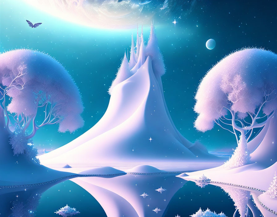 Fantasy landscape with whimsical castle, purple trees, moon, stars, and butterfly