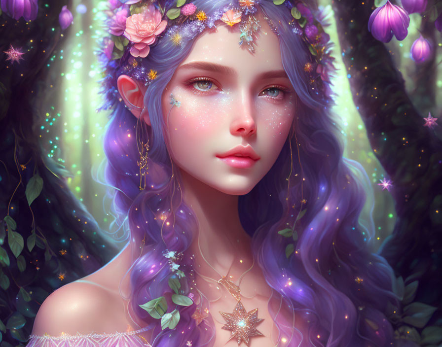 Fantasy Illustration: Woman with Blue-Violet Hair in Enchanted Forest