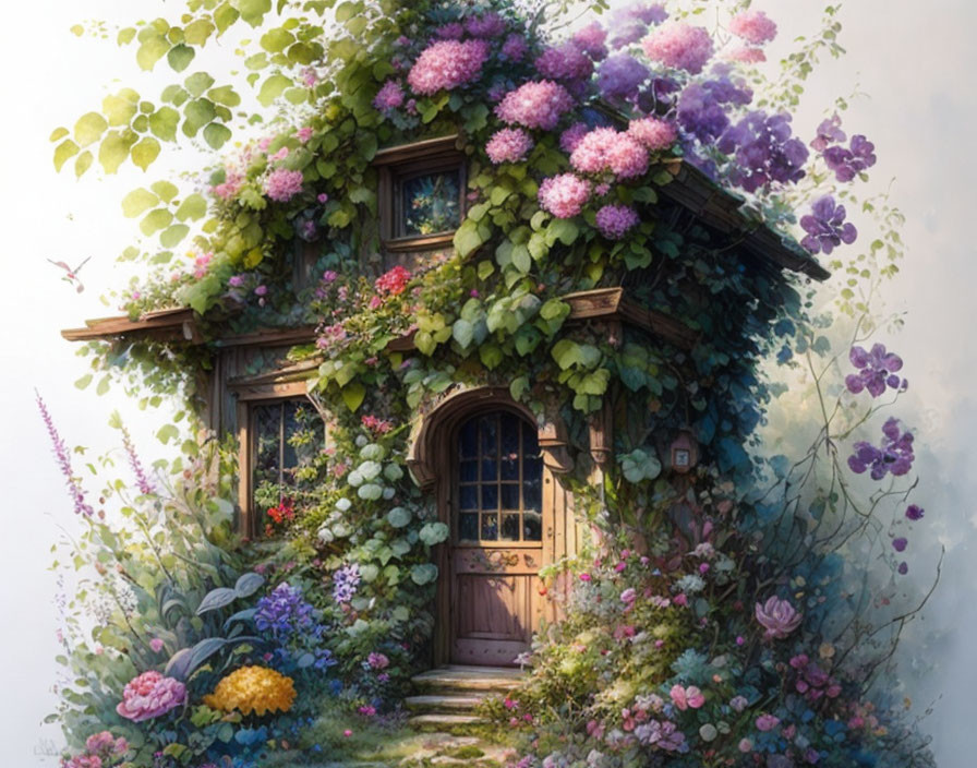 Charming cottage surrounded by greenery and flowers