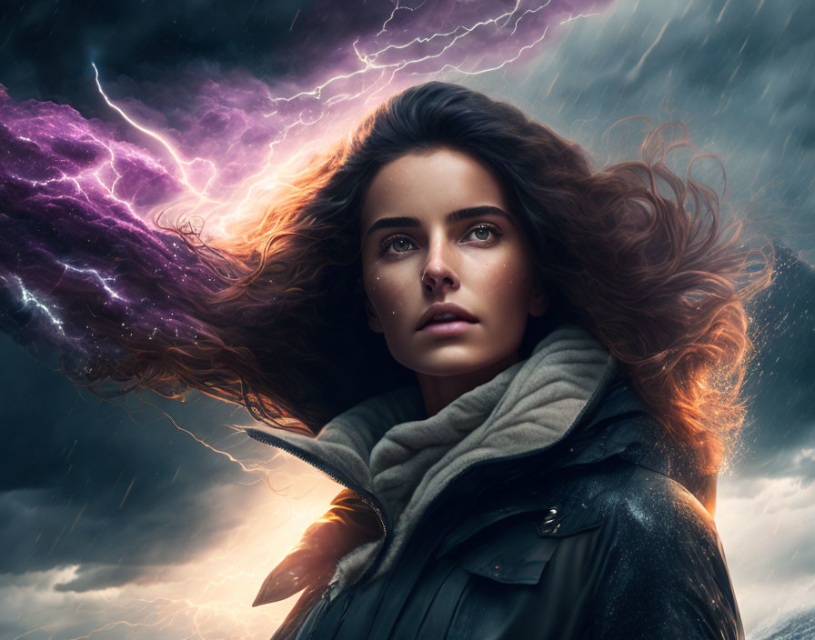 Woman with flowing hair against stormy sky with lightning