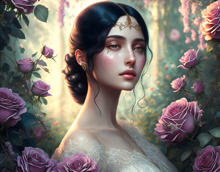 Digital portrait: Woman with dark hair and tiara, pink roses backdrop