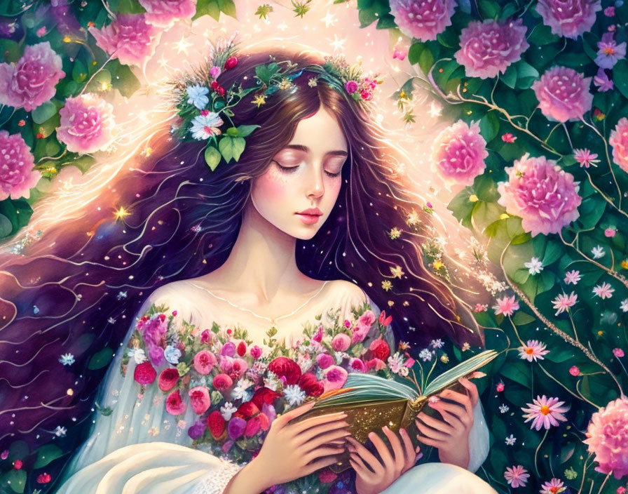 Woman with floral wreath reading book in starlit garden