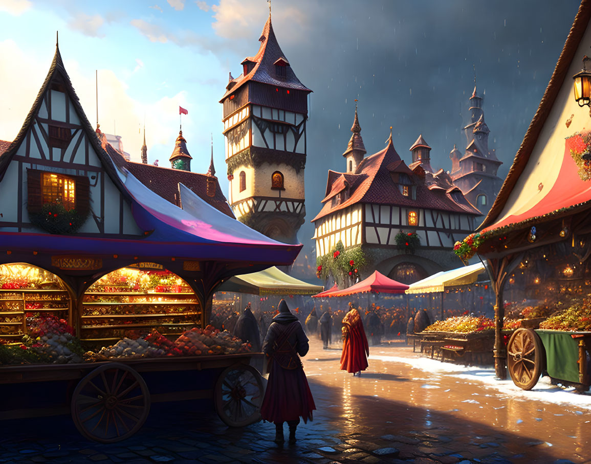 Medieval marketplace scene with stalls, cobblestones, and half-timbered buildings at twilight