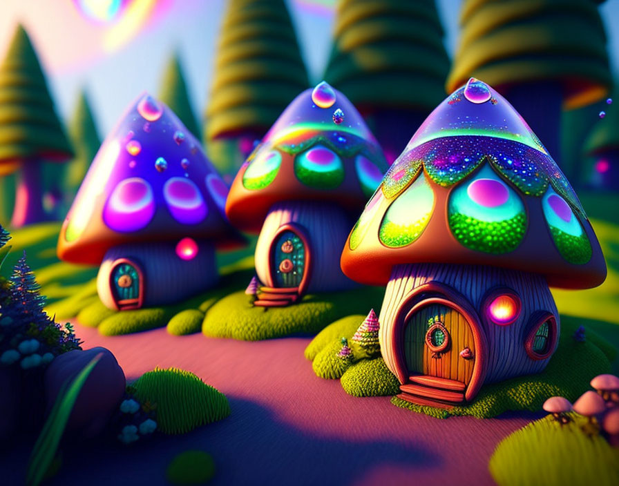 Vibrant Mushroom Houses in Enchanted Forest Dusk