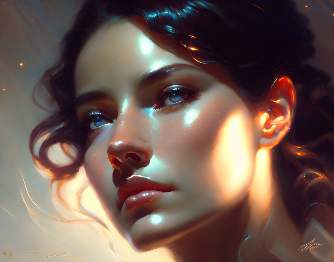 Serene woman digital artwork with glowing skin and wavy hair