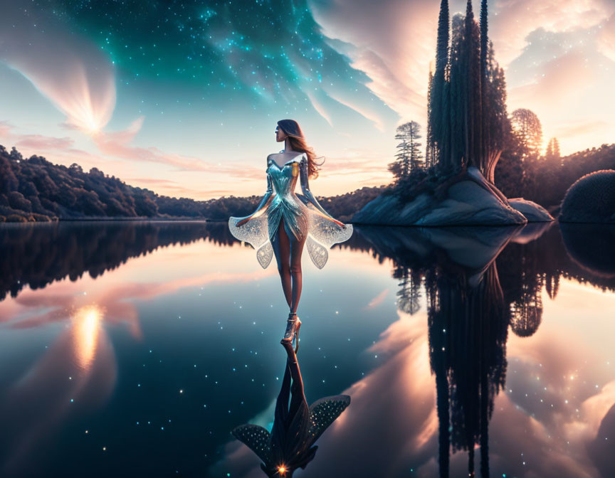 Woman in shimmering dress on tranquil lake shore at twilight with starry sky reflection