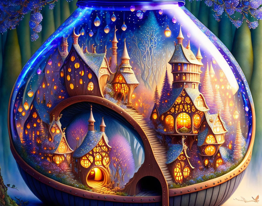 Fantastical glowing village in transparent fishbowl.