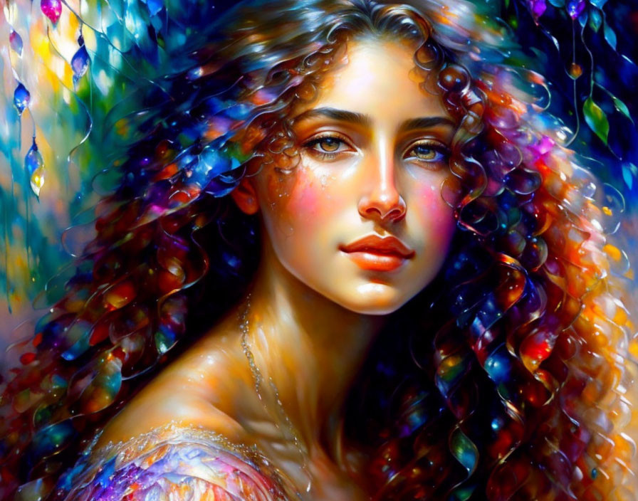 Colorful portrait of a woman with multicolored curly hair and striking features