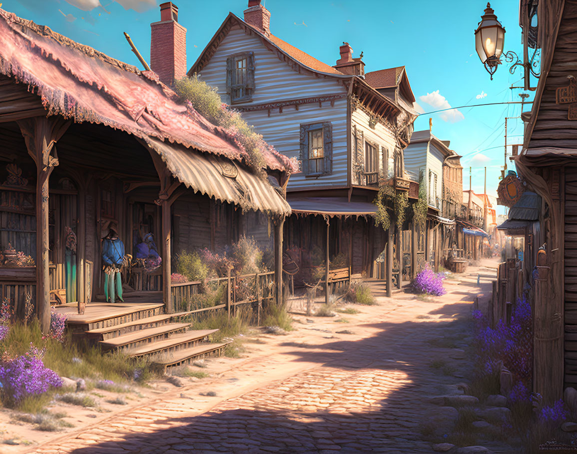 Sunlit Old-Fashioned Street Scene with Wooden Buildings and Purple Flowers