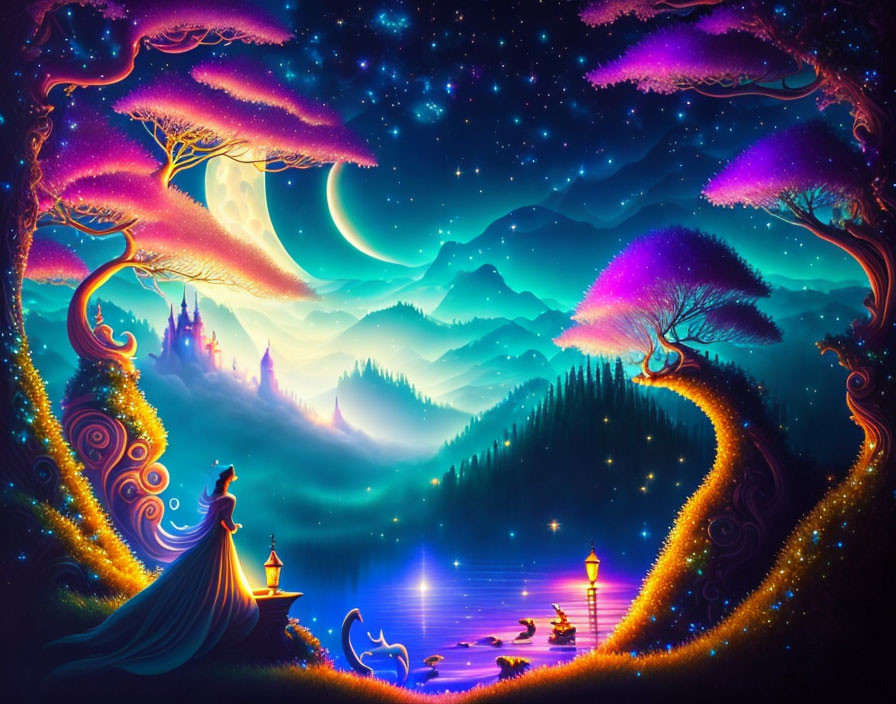 Fantasy landscape with glowing trees, figure in cloak, mountains, crescent moon, stars, and